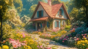 温馨花海草地阳光木屋