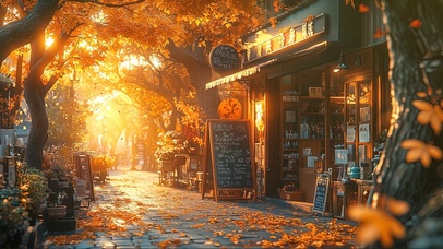 秋日唯美落日街道商店