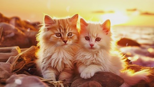 夕阳下一对猫咪情侣