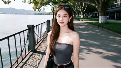 湖畔戴墨镜于秀发的性感美女