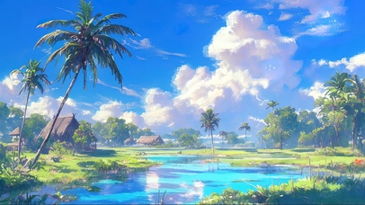 静谧热带河畔茅草屋