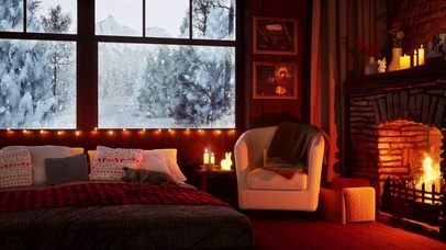温暖冬日雪天壁炉房间