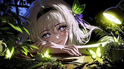 夜晚萤光书桌银发美少女