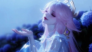 雨中粉发二次元美少女