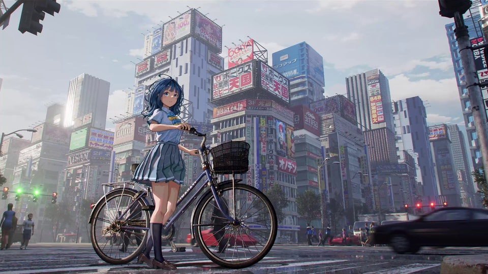 蓝发动漫少女扶自行车站在布满招牌的繁华都市路口，路面湿润，远处有模糊行人车辆。