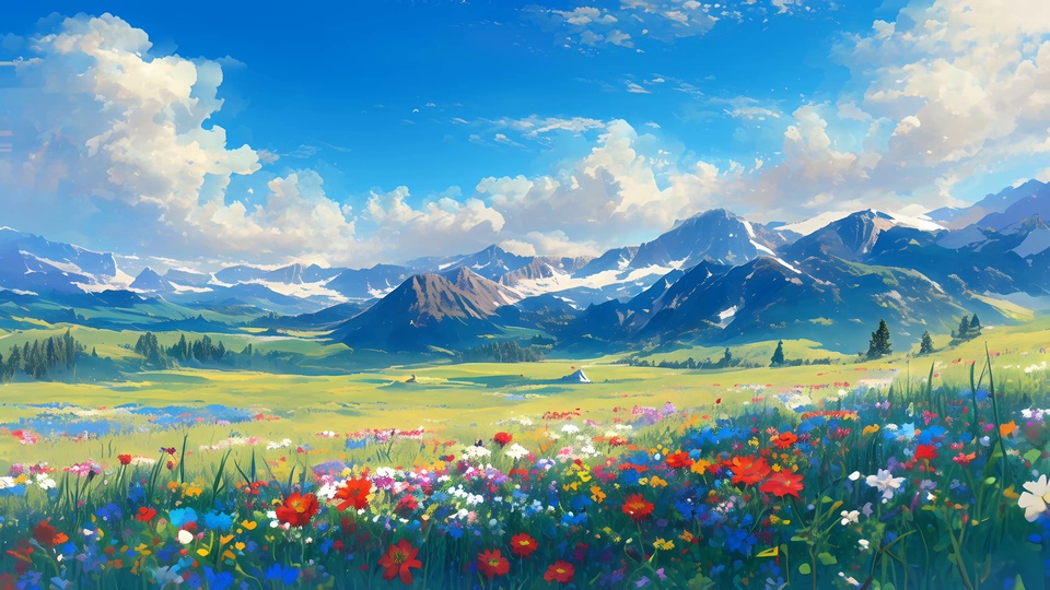 日系插画绘制的高原风景，前景草甸开满各色野花，远处是覆有残雪的连绵山脉，上方是飘着白云的晴朗蓝天。