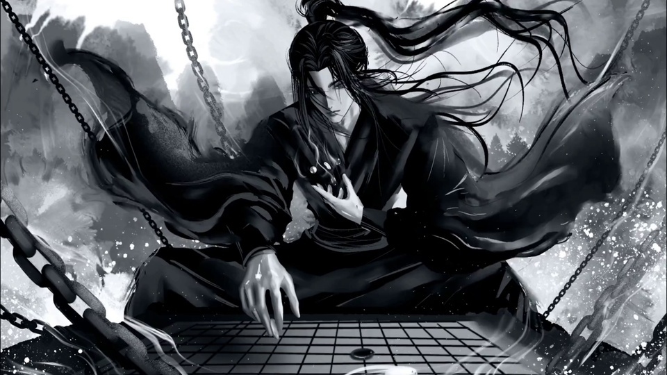 黑白水墨画面里，束高马尾的黑衣古风男子正伸手触碰围棋棋盘，衣袂长发肆意翻飞，四周悬着粗铁链，背景是晕染的朦胧山雾。