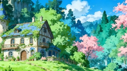 蓝天白云樱花树木双屏