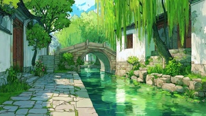清新古风江南小桥流水风景