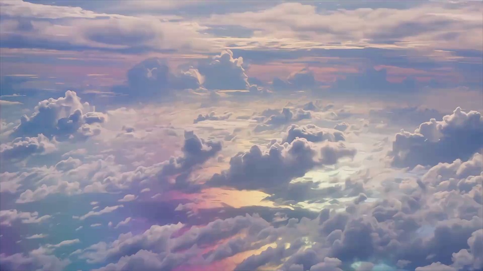 高空粉彩渐变云海插画，蓬松积云错落分布