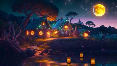 安静湖边夜晚小屋