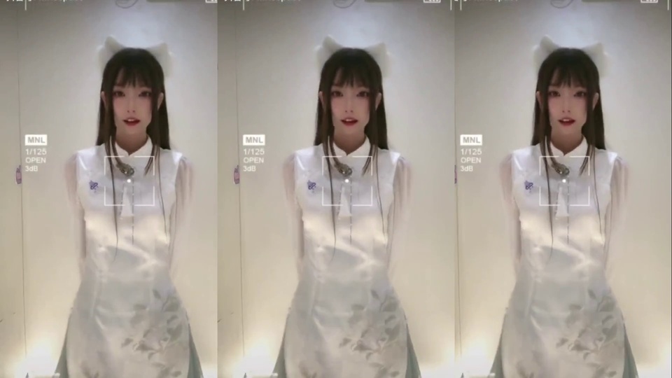 连排三帧相同的戴白毛绒猫耳、穿改良白旗袍的长发少女，叠加相机取景录制UI，浅素墙背景。