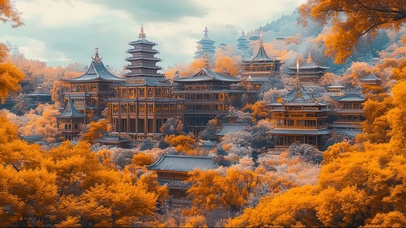 秋日古城山林宫殿建筑