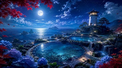 月夜海岸灯塔