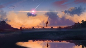 夕阳湖边少女