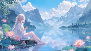 唯美治愈荷塘湖畔白色长发美少女