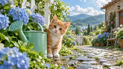 雨后小院可爱橘猫