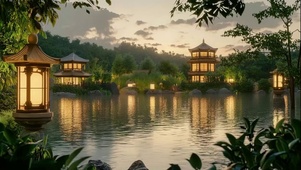 傍晚静谧湖畔古亭山水