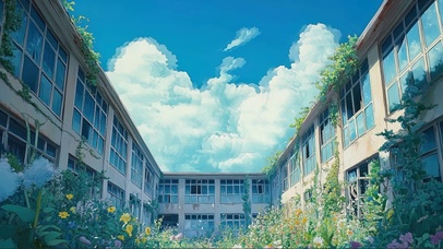 晴天白云废弃校园建筑