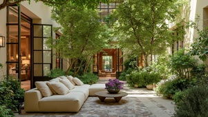 清晨绿意盎然的庭院