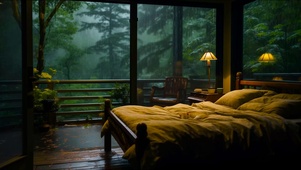 安静树林雨天木屋