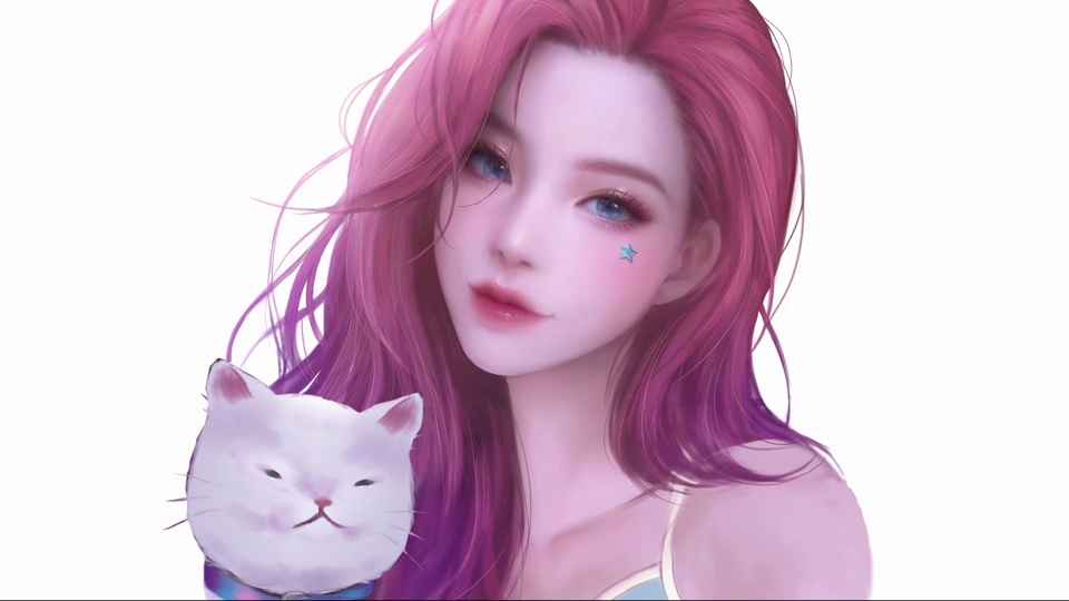 粉紫渐变长发二次元少女搭配佩戴蓝紫项圈的白色猫咪，纯白背景。