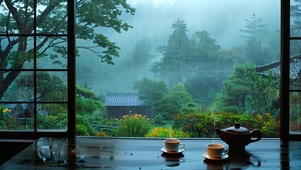 山庄窗外雨景
