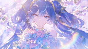 蓝发双马尾 樱花花束