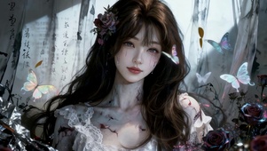 颓废风废墟花丛中的蝴蝶女孩