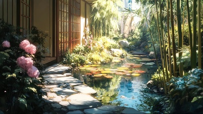 庭院夏日池塘溪流竹林