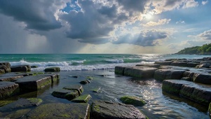 海边礁石晨光治愈海景