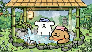 雨天泡温泉的线条小狗