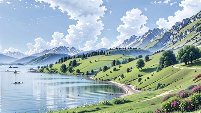 湖边山色