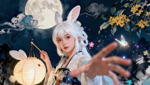 月下白发兔耳清纯桂花国风少女