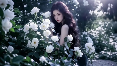 栀子花丛间长发美女靓影