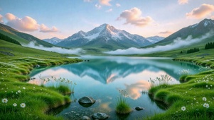 治愈雪山湖泊清晨风光