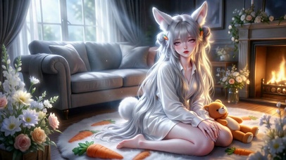 软萌兔耳少女的壁炉午后