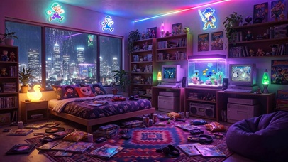 雨夜霓虹温馨房间