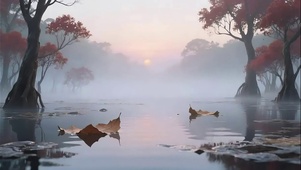 迷雾日出森林湖泊