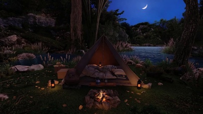 美丽的夜晚在湖边露营