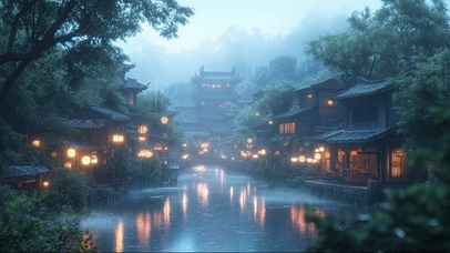 朦胧清晨雨滴水乡小镇