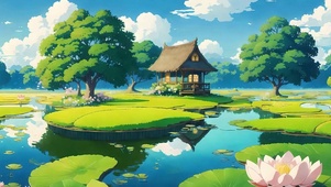 蓝天白云树木荷花景色