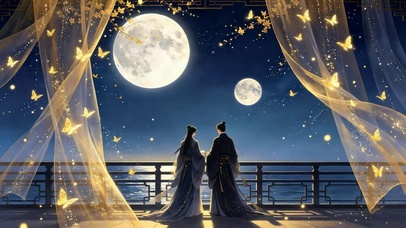 古风月夜情侣共赏双月海景