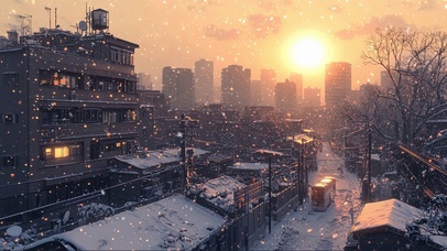白雪冬日城市落日