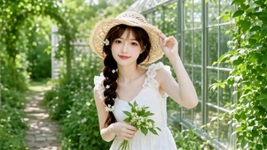 清新花园草帽白衣美少女