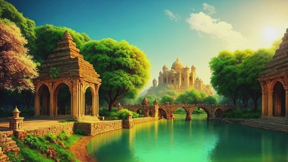 绿色护眼中世纪湖畔古堡