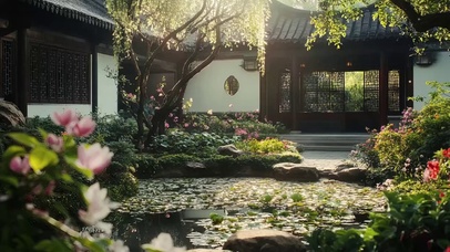 春日荷花池塘庭院风景