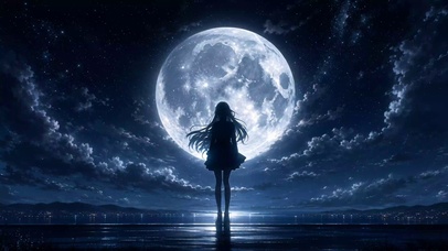 夜晚海边的少女