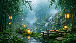 园林竹林雨景