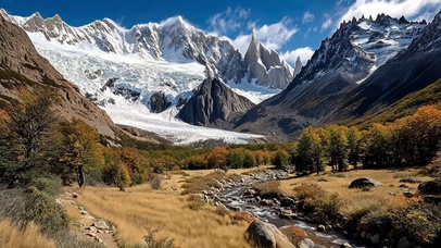 蓝天雪山山谷溪流